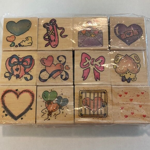 Set of 12 Rubber Stamps Wood Mounted Heart 1.25" Cube NEW - Picture 1 of 3